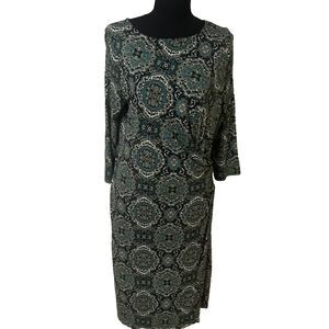 Talbots Drape Dress Size PL-Paisley : 3/4 Sleeve Blue Green Medallion Faux Wrap